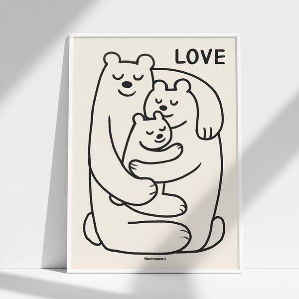 가족 그림 곰가족 블랙 드로잉 세가족 네가족 거실 아이방 포스터