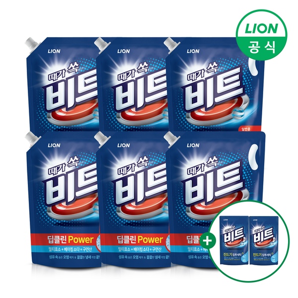 비트 딥클린 POWER 세탁 액체세제 리필 2L X 6개+겸용300g 2개 증정 (일반용)
