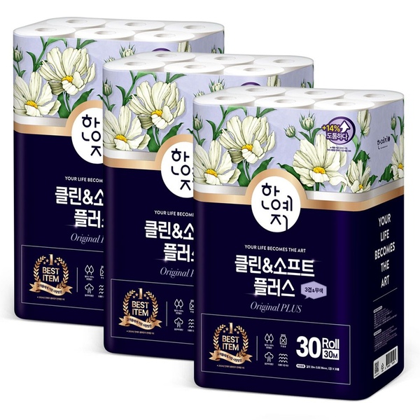 클린앤소프트 플러스 천연펄프 화장지 3겹 30M 30롤 3팩