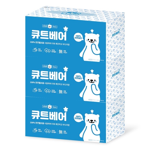 큐트베어 천연펄프 미용티슈 각티슈 250매 3개 화장지 휴지