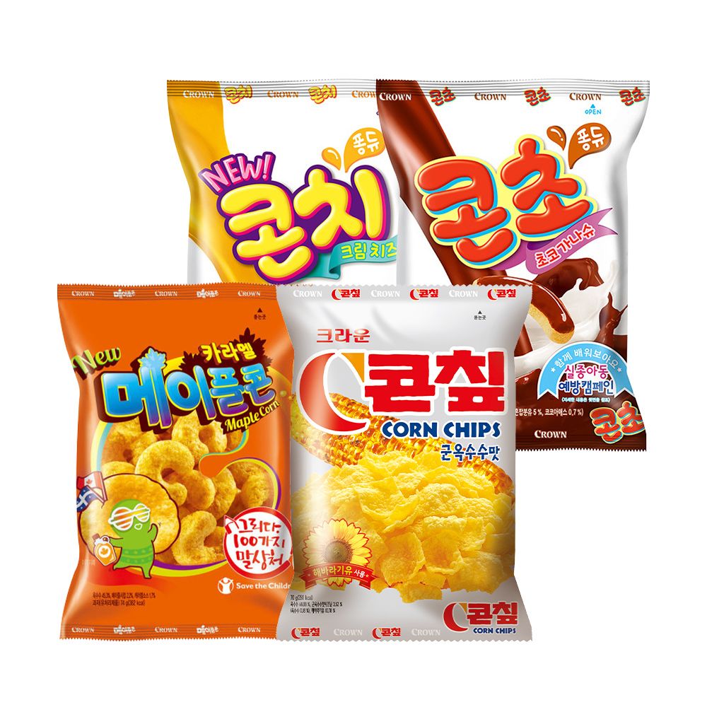 크라운 밀가루없는 과자세트 (8p) / 콘칩 메이플콘 콘초 콘치