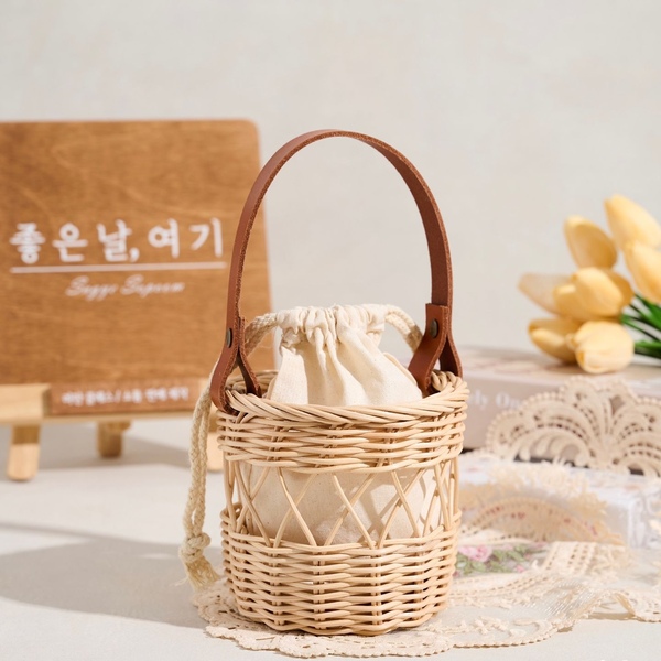 라탄 미니 토트백 가방 피크닉 바구니 여행 가방 라탄 가죽 원형 가방