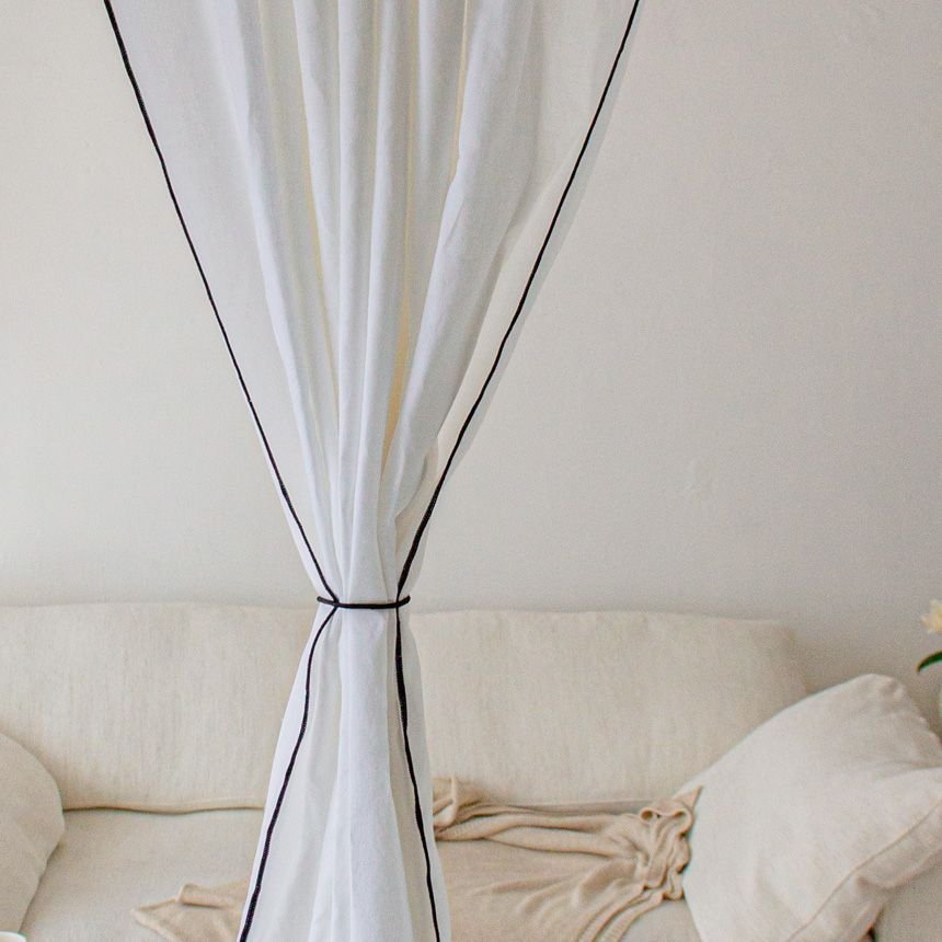 Mon reve フレンチ リネン ブラック ライン カーテン［4色］ ホワイト