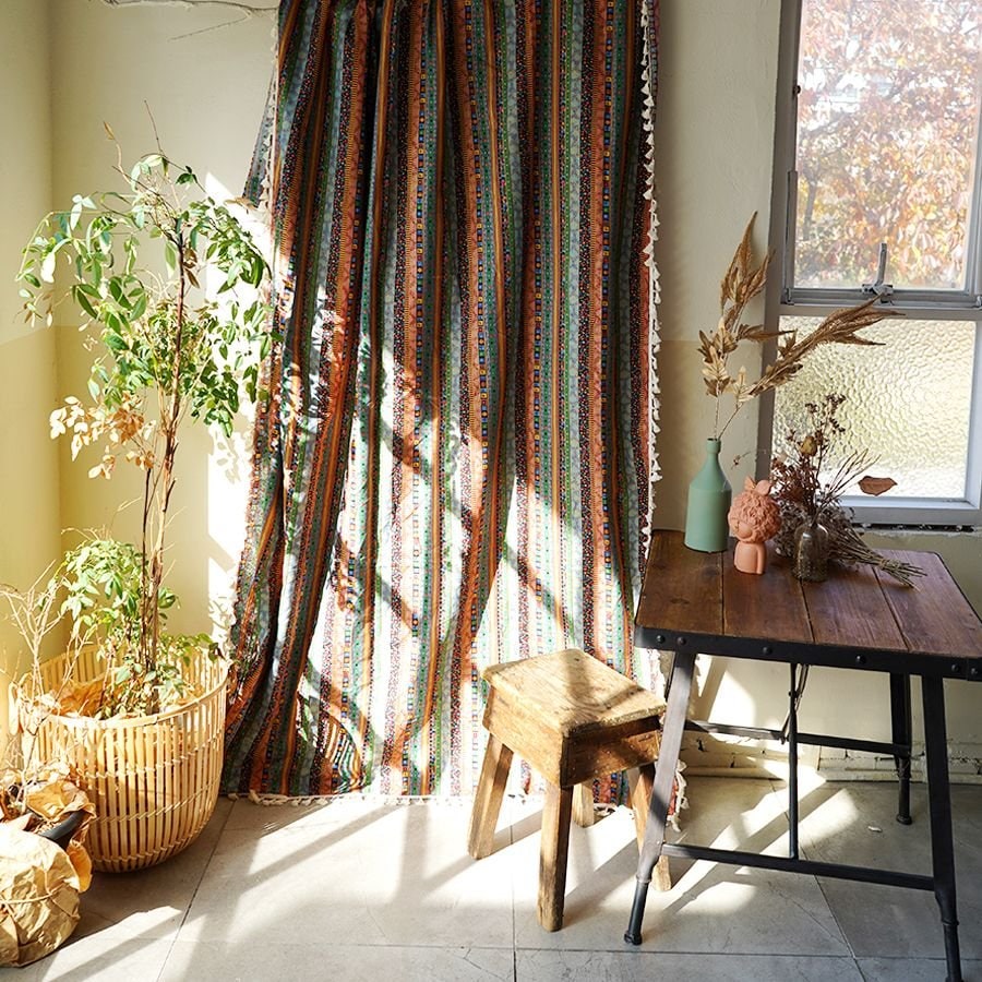 BLANCHE HOUSE ブラウン ボヘミアン リネン カーテン 150x240cm